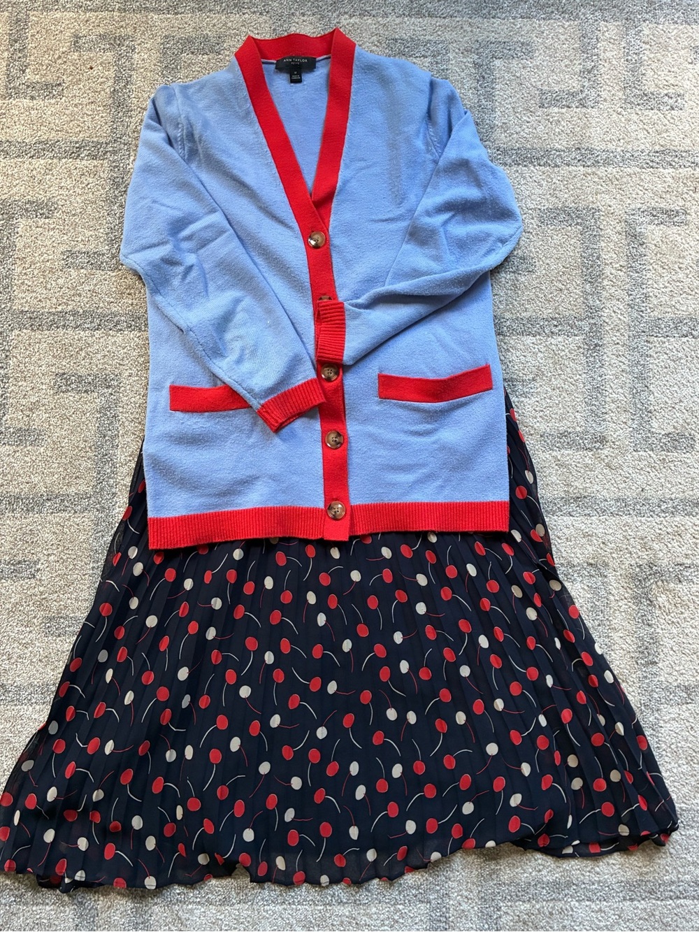 Ann Taylor Petite Light Blue Sweater with Red Trim, Cherry Elastic Waist Skirt